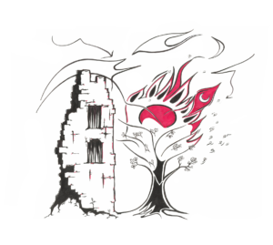 Zeichnung Burgruine und brennender Baum